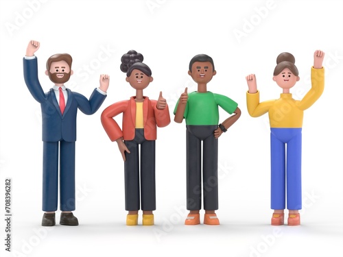 Business manager team celebrating successful. 3d illustration achievement people, together, Thumbs up, Happy flat cartoon design.3D rendering on white background. 