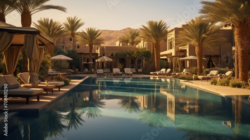 Peaceful and serene poolside lounge area with palm trees and desert mountains in the background.