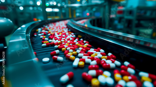 Pharmaceutical production line with pills and capsules, concept of medical industry and technology. Shallow field of view. 