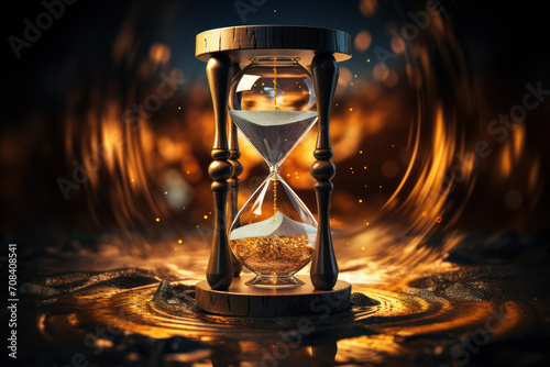 An intricately designed hourglass with golden sand slipping through, reminding us of the inevitability of time's passage. Concept of temporality and reflection. Generative Ai.