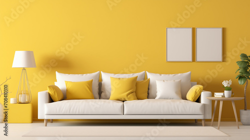 Modern living room with sofa, Beige sofa with yellow pillows and two side tables with lamps against vibrant yellow wall with poster frame, Ai generated image