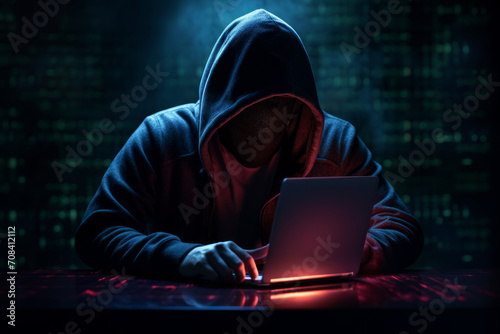 Hacker con laptop en fondo tecnológico.