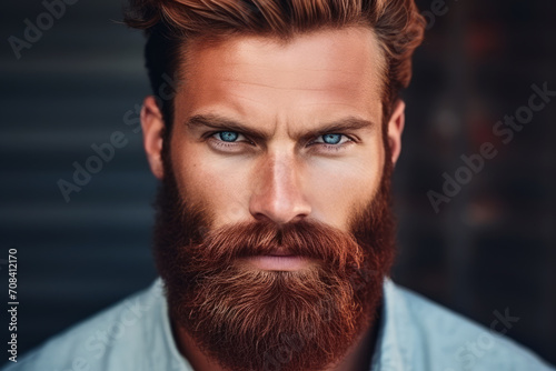 Hombre pelirrojo de ojos azules y barba perfecta.