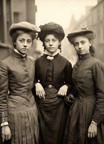 Foto de tres mujeres de la era victoriana.