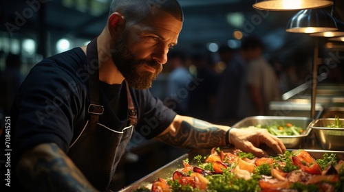 Focused male chef plating food in commercial kitchen