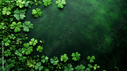 Top view photo of st patrick's day decorations green shamrocks trefoil shaped confetti and a lot of gold coins on isolated green wooden table, St patrick day background. Copy space top view , Ai 