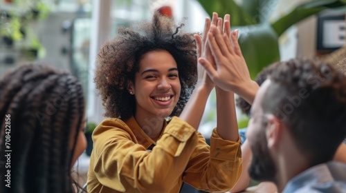 Happy young woman worker giving male colleague high five celebrating good team work results, financial success in professional teamwork at diverse coworkers group office meeting