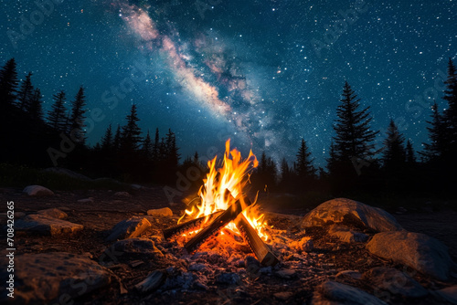 Close up of campfire and constellations in the wilderness and Milky Way. Lifestyle concept of summer and landscape.