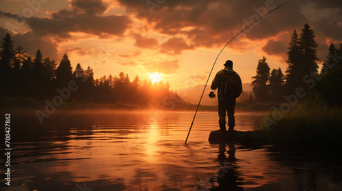 Young man flyfishing at sunrise