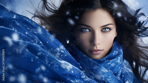 Fashionable woman in blue coat and snowflake scarf posing for fashion flyer design with copy space