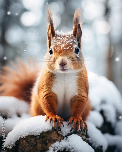 Full-length portrait of red squirrel in snowy forest on blurred background