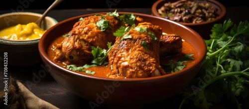 Curried chicken leg in a bowl with masala sauce