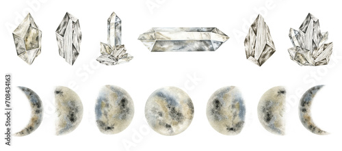 Set of various phases of gray moon, magic crystals. Crescent moon and semi-precious stones. Isolated watercolor illustration. Magic celestial clipart for design, print, fabric or background