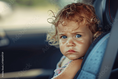 Little toddler sweating in an overheated car. Summer Car Safety: Protecting Children from Heat and Danger