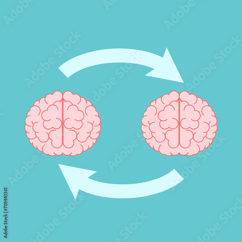 Two minds exchanging opinions. Communication, thoughts, mutual influence, discussion, idea, teamwork and brain transplant concept. Flat design. EPS 8 vector illustration, no transparency, no gradients