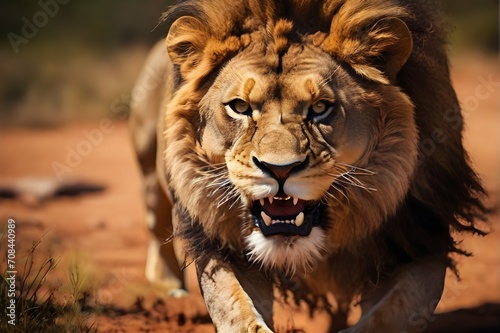 Close-up of the head of an aggressive lion ready to attack. The king of beasts with a large lush head of hair looks with a confident regal look. Wild animal illustration for cover, banner, brochure 
