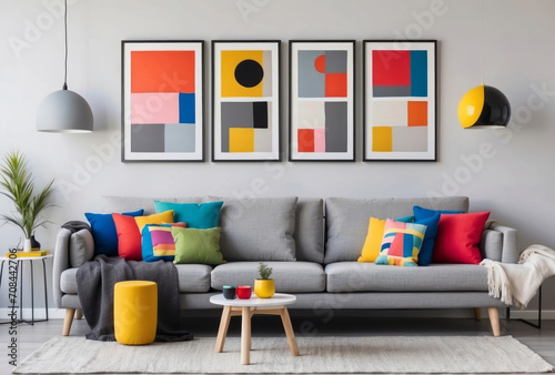 Light grey sofa with colorful multicolored pillows against wall with four art poster frames. Pop art, scandinavian home interior design of modern living room