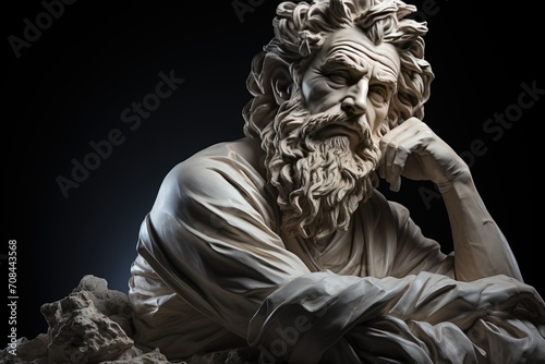 Antique sculpture of a thinker with white marble, black background isolate.