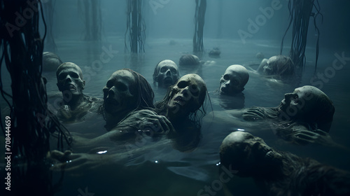 Dead bodies lying underwater after the universal flooding on earth