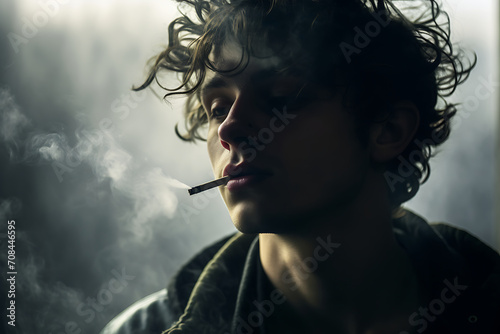 Ein rauchender junger Mann mit einer Zigarette im Mund, düstere und traurige Stimmung 