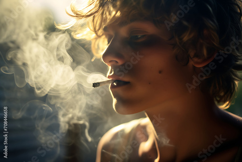 Ein rauchender junger Mann mit einer Zigarette im Mund, Sonnenstrahlen von hinten