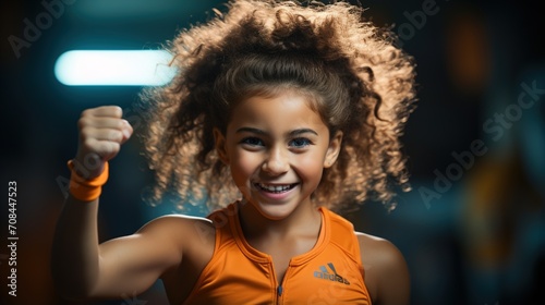 Young girl with curly hair in an orange tank top smiling and flexing her muscles