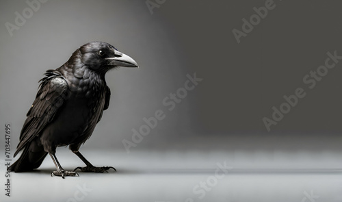 A crow with a black beak sits on grey background, generative ai