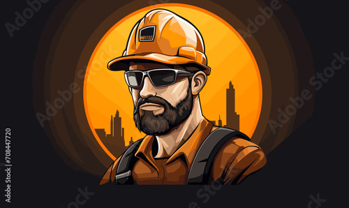 Contractor construction builder worker wearing a hard hat and sunglasses logo design illustration