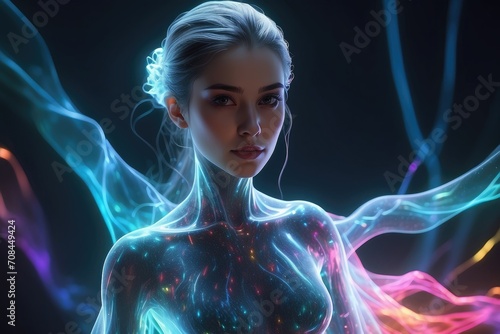 Phantasmagorical Figure of a Woman with Neon Colors Illustration, A Surreal and Vibrant Digital Artistic Masterpiece Depicting an Ethereal Female Character.