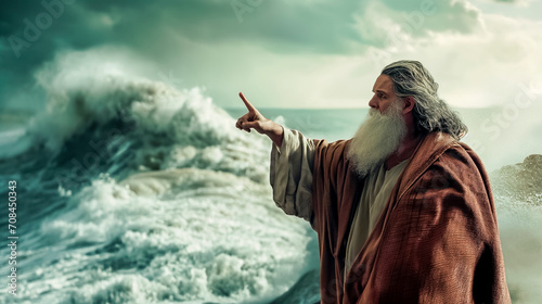 Moses in his exodus from Egypt with the Hebrew people, parting the Red Sea in the pursuit of the Promised Land