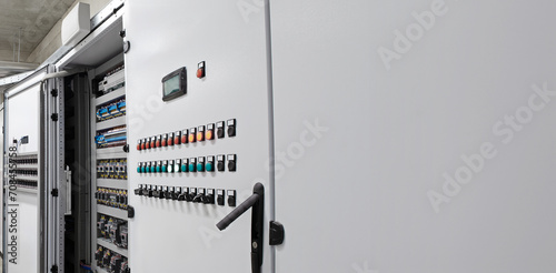 Electrical and electronic panel cabinet for automation and system control of industrial processes, Hvac, management of heating, ventilation, air conditioning and cooling. With copy space background