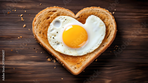 fried egg on a heart shaped toast on wooden background