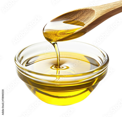 Wooden spoon pouring extra virgin olive oil into a glass container, isolated on white or transparent background