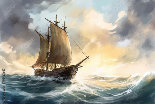 Large vintage sailboat during a storm, painted in watercolor on textured paper. Digital watercolor painting