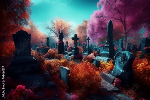 Colorful fantasy cemetery. Supernatural eccentric burial ground tombstones graveyard. Generate ai