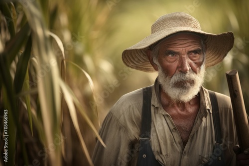 Senior farmer in sugarcane field. Farming worker in rural sugarcane plantation. Generate ai