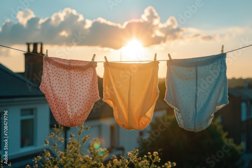 Vintage pastel-colored women's knickers hang on a rack against a clear blue sky, basking in the warm sunshine.