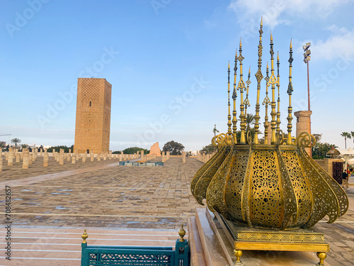 Rabat, Morocco, 04-05-2023: panoramic view of Hassan Tower, minaret of an incomplete mosque commissioned by the third Caliph of the Almohad Caliphate, and Mausoleum of Mohammed V and his two sons