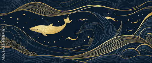 Whimsical navy blue art backdrop with golden whale design. Abstract vector illustration for wallpaper, decoration, printing, or pattern.
