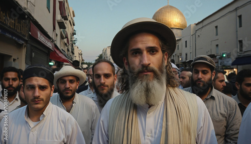 Jewish men in the street during a scene from the Old Testament