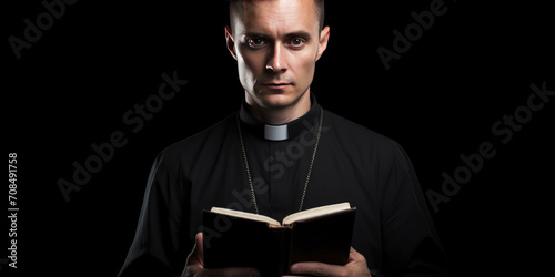 A catholic christian church priest wearing black cassock robe holding the holy bible book in his hands. face seen. isolated on dark grey / black background