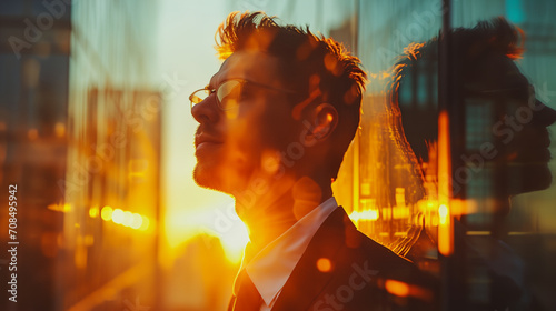 A highly committed businessman aiming for achievement goal double exposure with city sun rise background 