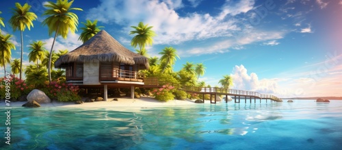 Idyllic tropical island paradise with water villa and palm trees, perfect for a summer vacation.