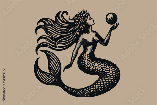 Beautiful mermaid holding a pearl in her hands. Engraving vintage vector illustration, monochrome black color. Woodcut 