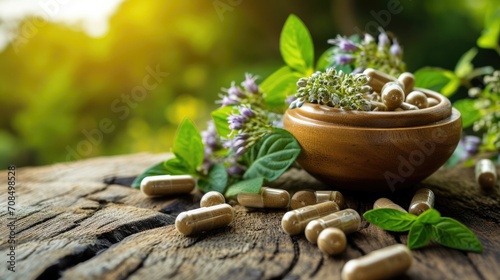 Herbal medicine in capsules from herb leaf on wooden table, Healthy eating with natural product for good living. Healthy concept.