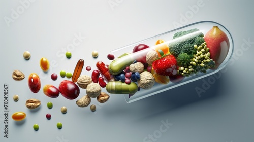 Medicine health concept. Nutritional supplement and vitamin supplements as a capsule with fruit vegetables nuts and beans inside a nutrient pill.