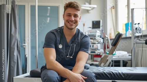 Smiling young physiotherapist man sitting on stretcher in medical clinic.