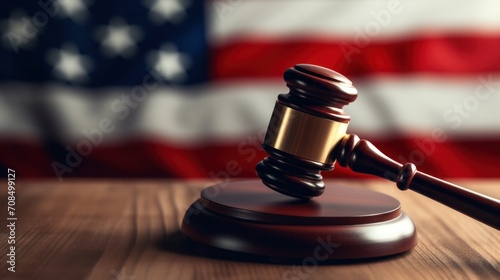 Close-Up of Wooden Judge Gavel and American Flag Symbolizing Law and Justice.