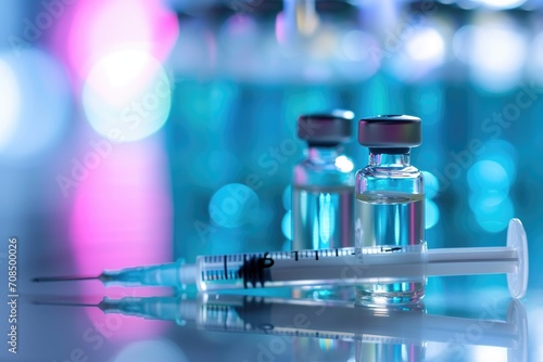 Vaccination concept with syringe and bottles of vial with copy space