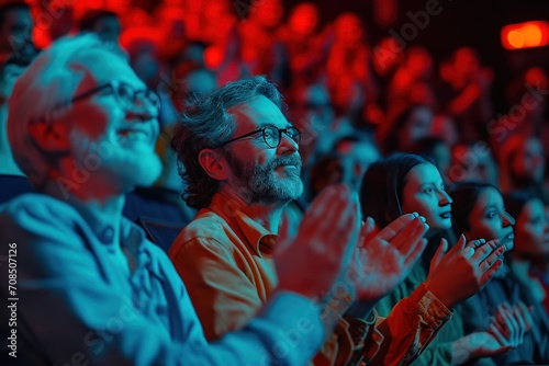 A audience in a theater applauding clapping hands. Ai generative